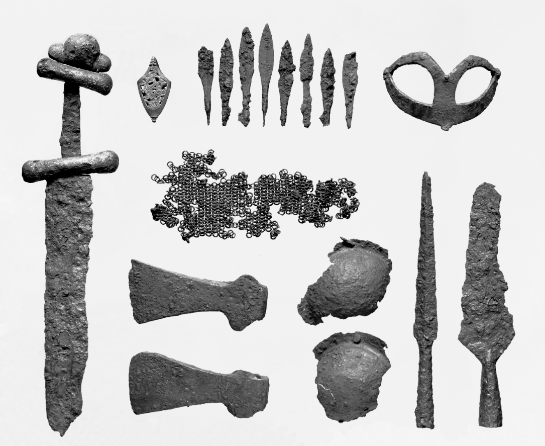 Some of the warrior equipment found in the Gjermundbu grave in Ringerike, Viken. Some of the warrior equipment found in the Gjermundbu grave in Ringerike, Viken.
